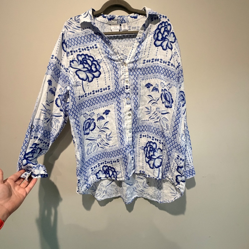 Halston Linen Floral Button Down Top Women XL Blue White Flowy Coastal Cottage